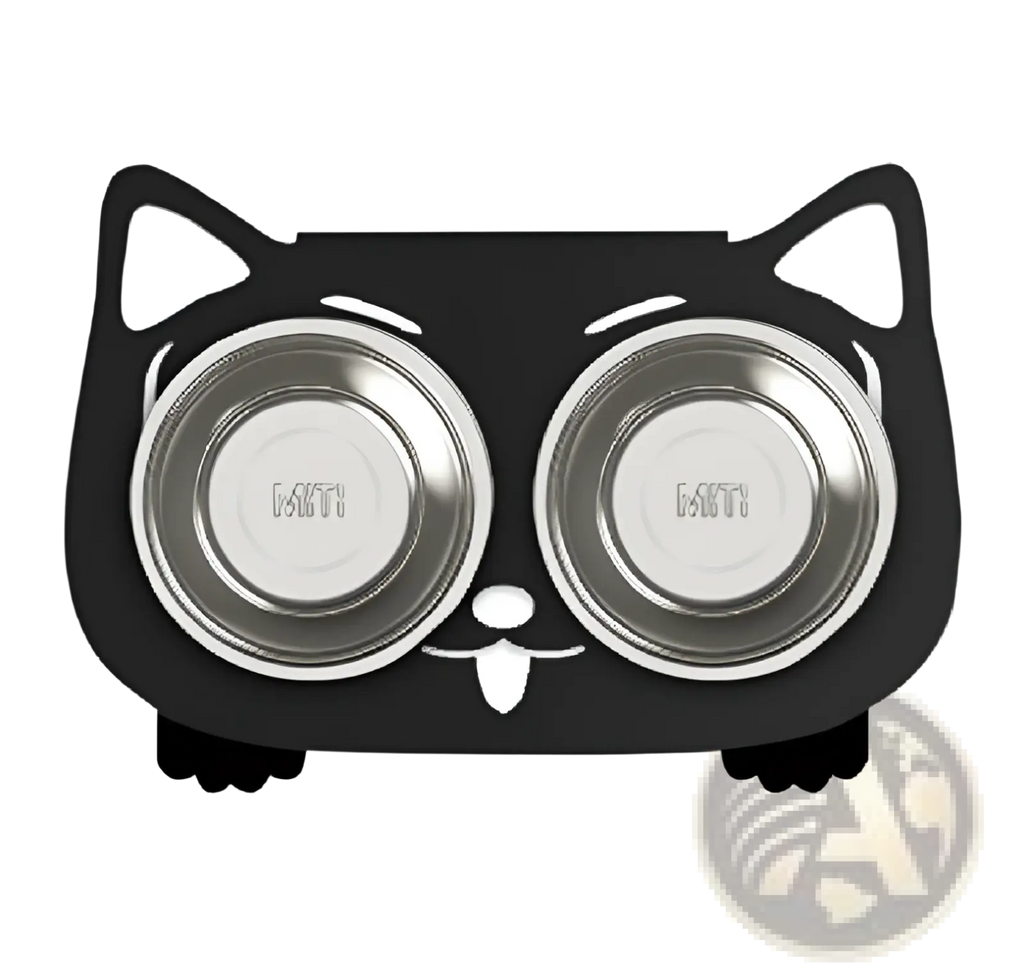 Adjustable elevated double stainless steel pet bowl in black cat shape with two silver miti bowls for feeding pets