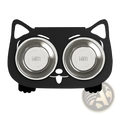 Adjustable elevated double stainless steel pet bowl in black cat shape with two silver miti bowls for feeding pets