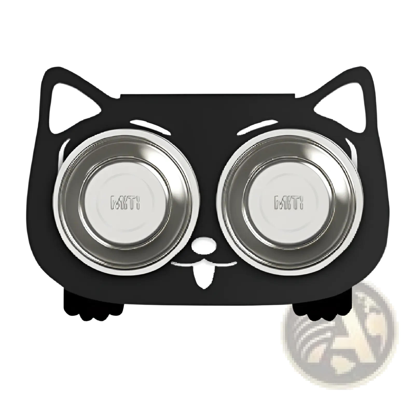 Adjustable elevated double stainless steel pet bowl in black cat shape with two silver miti bowls for feeding pets