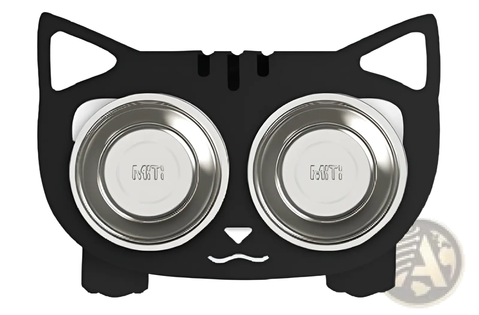 Adjustable elevated double stainless steel pet bowl shaped like a black cat with two silver mith branded bowls