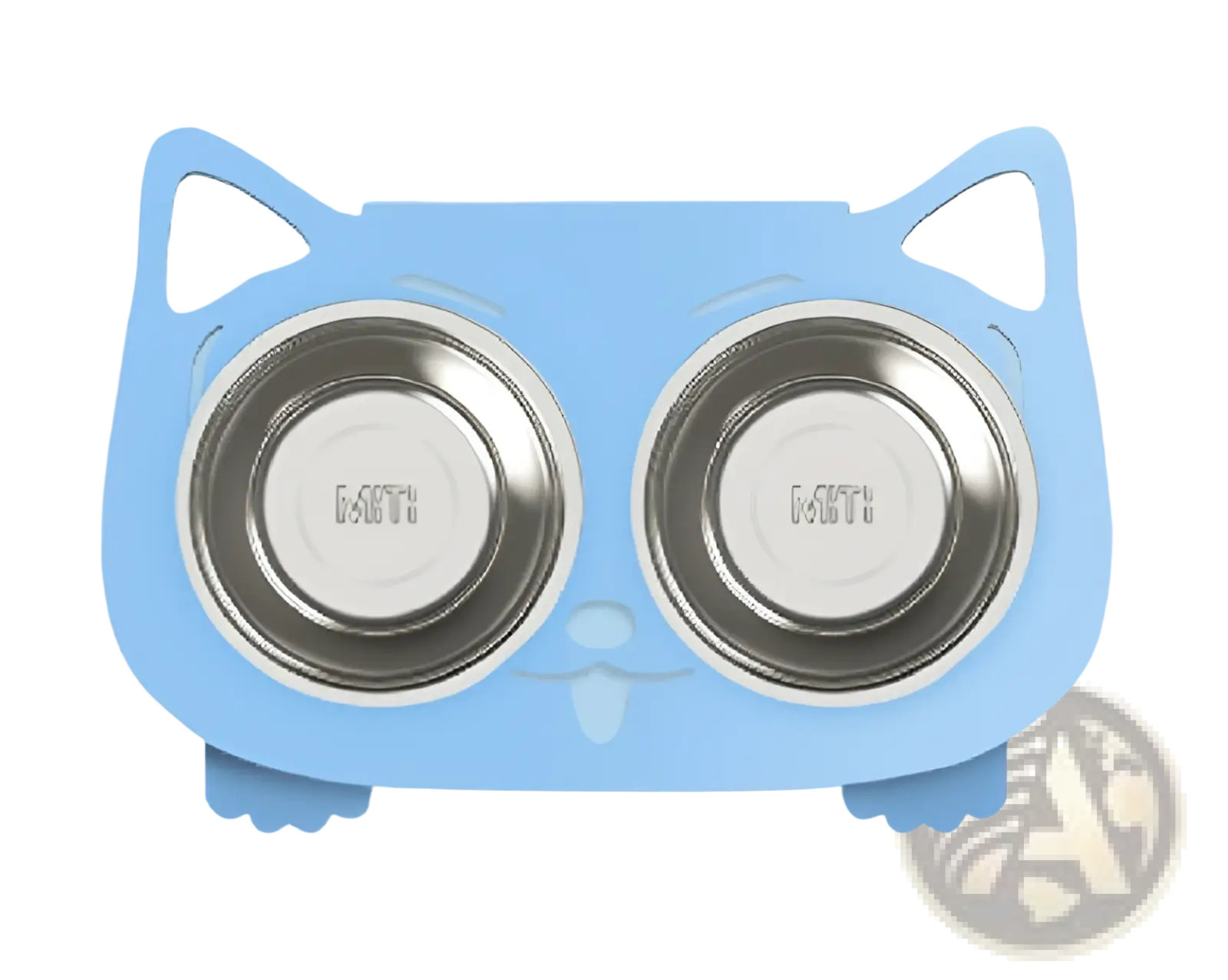 Light blue adjustable elevated silicone cat-shaped pet feeder with two stainless steel mith branded bowls