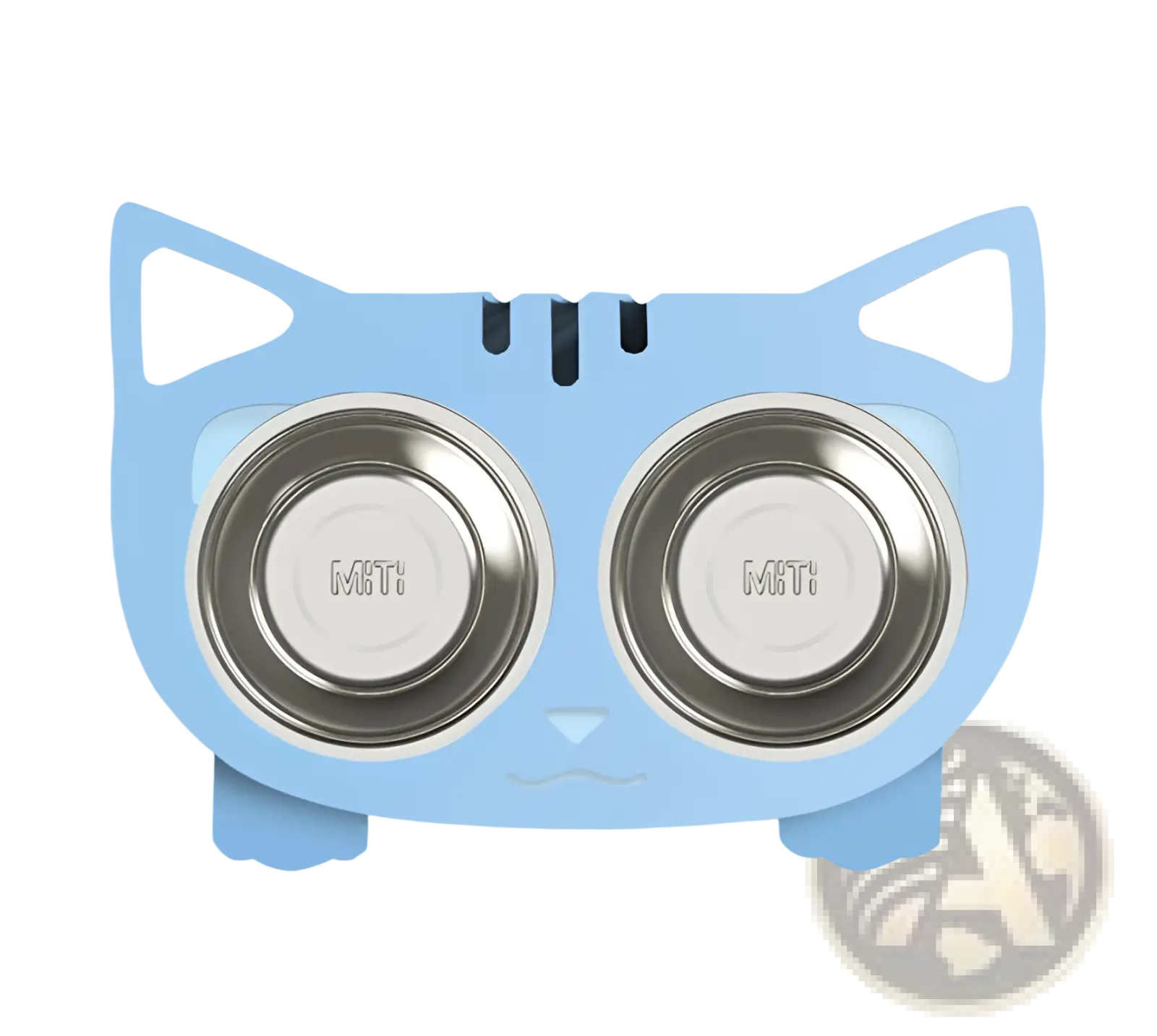 Adjustable elevated double stainless steel pet bowl in light blue shaped like a cat with two engraved mitt bowls