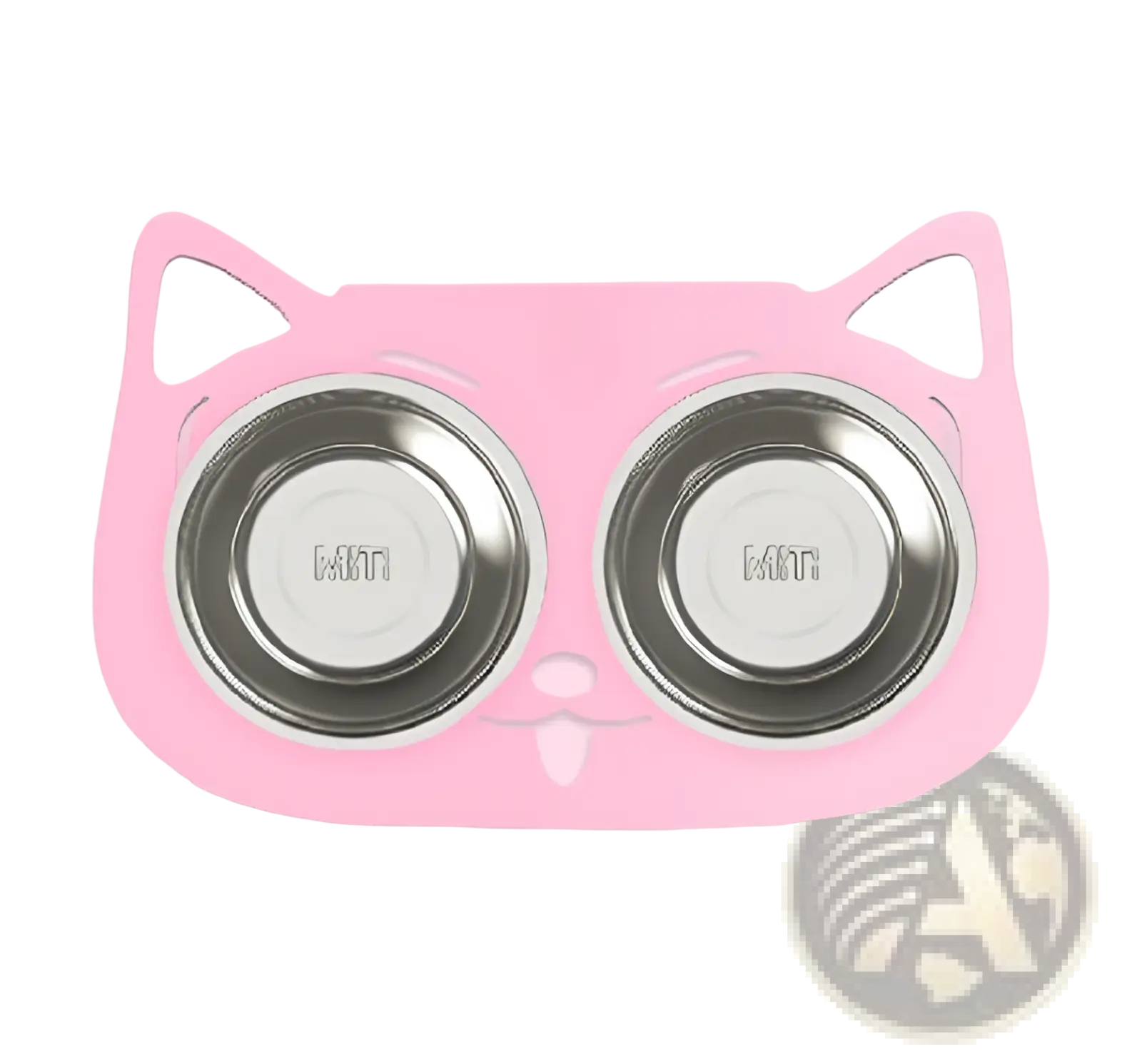 Adjustable elevated double stainless steel pet bowl in pink silicone with cat shape featuring two bowls
