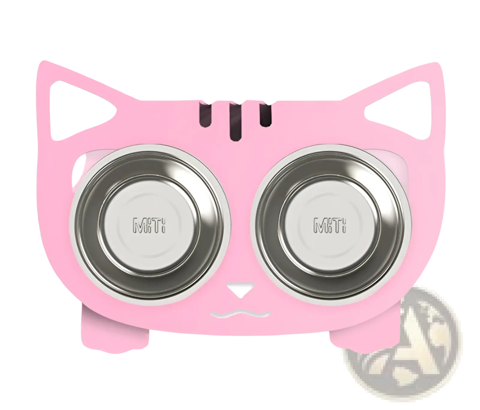 Pink cat-shaped adjustable elevated double stainless steel pet feeder with two mit branded bowls