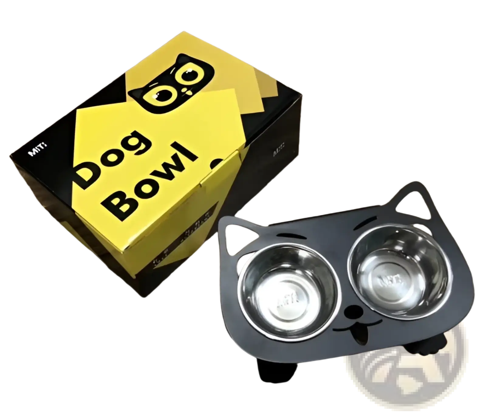 Adjustable elevated double stainless steel pet bowl with black cat-shaped frame and two playful face design bowls