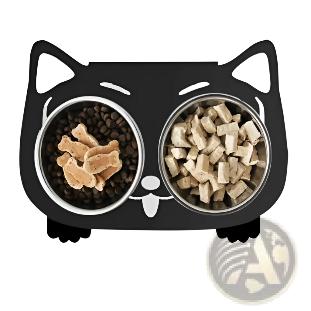 Black cat-shaped adjustable elevated double stainless steel pet bowl with dark kibble and light cubed treats