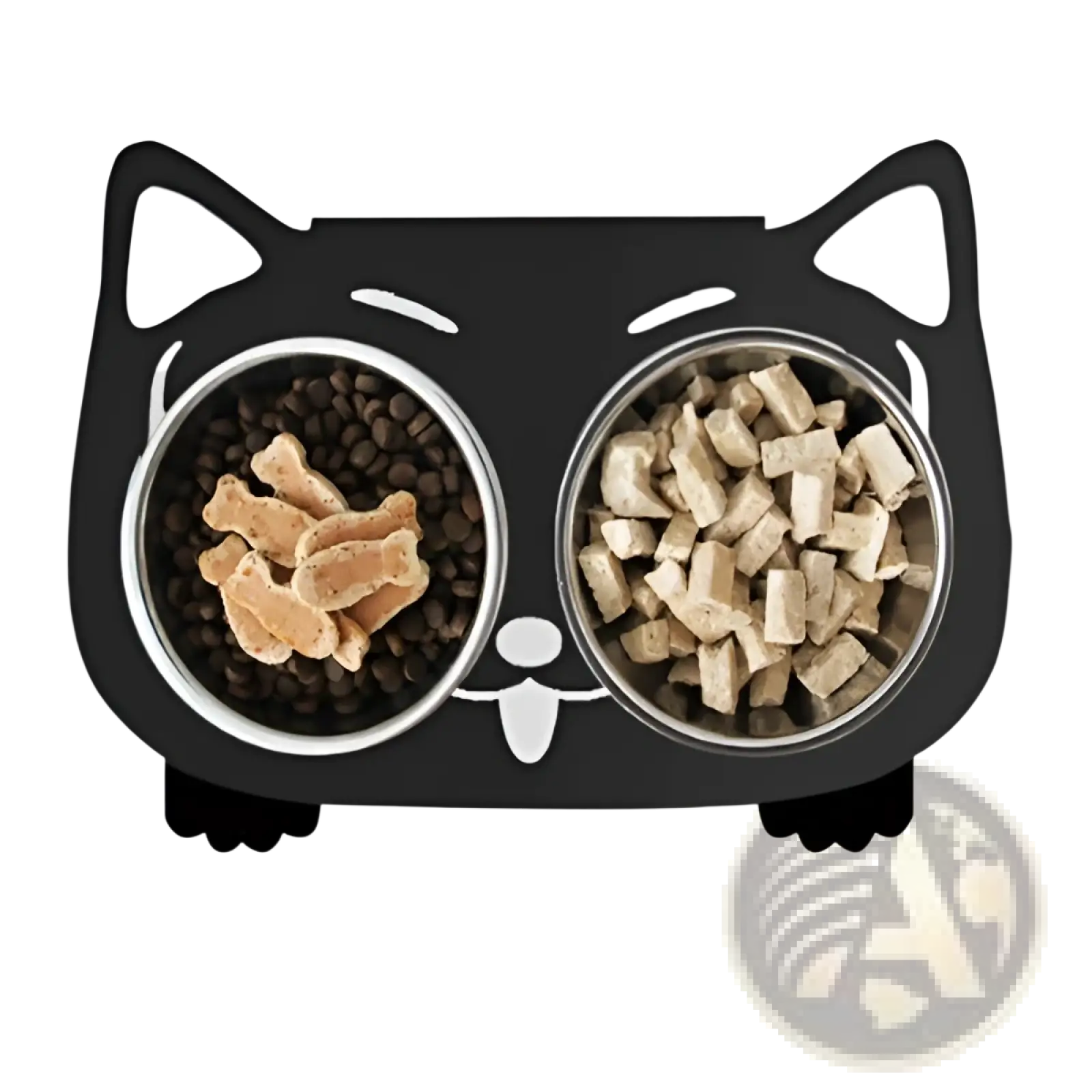 Black cat-shaped adjustable elevated double stainless steel pet bowl with dark kibble and light cubed treats