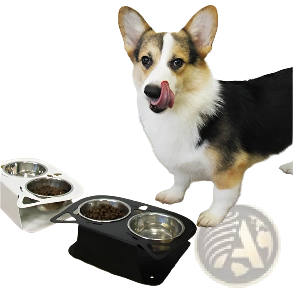 Adjustable elevated double stainless steel pet bowl feeding station in black and white with two bowls