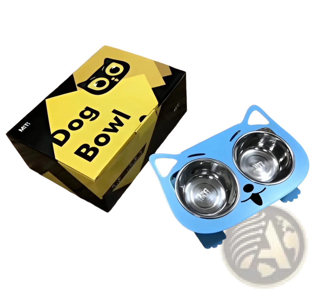 Adjustable elevated double stainless steel pet bowl featuring a blue cat-shaped frame with two stainless steel bowls
