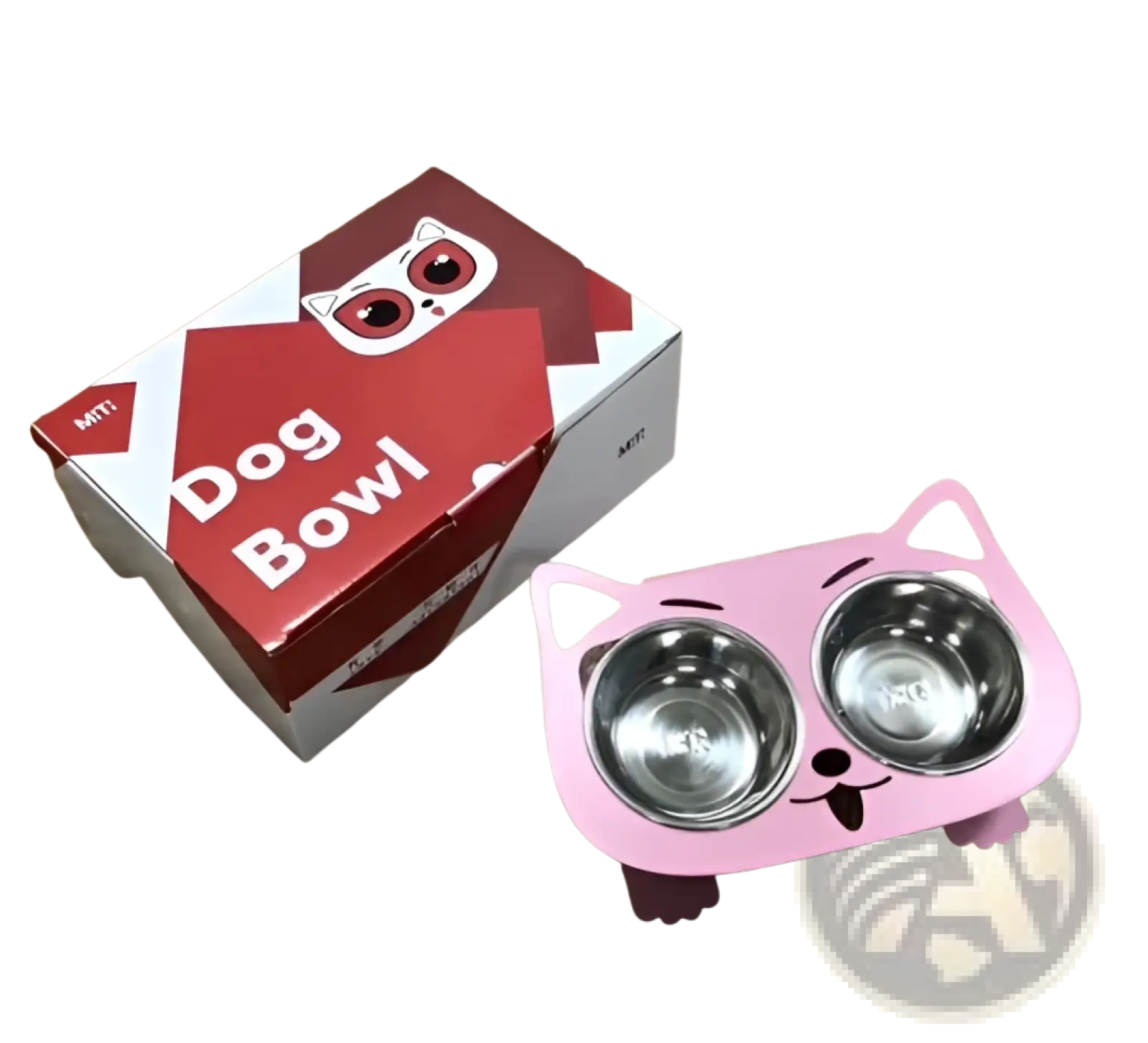 Adjustable elevated double stainless steel pet bowl in pink shaped like a cat with two compartments for feeding