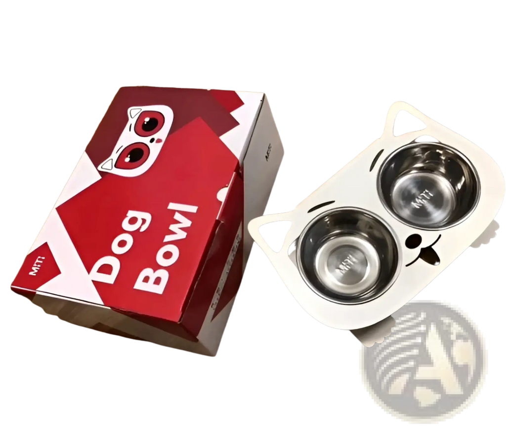 Adjustable elevated double stainless steel pet bowl with white cat-shaped base and black paw print details