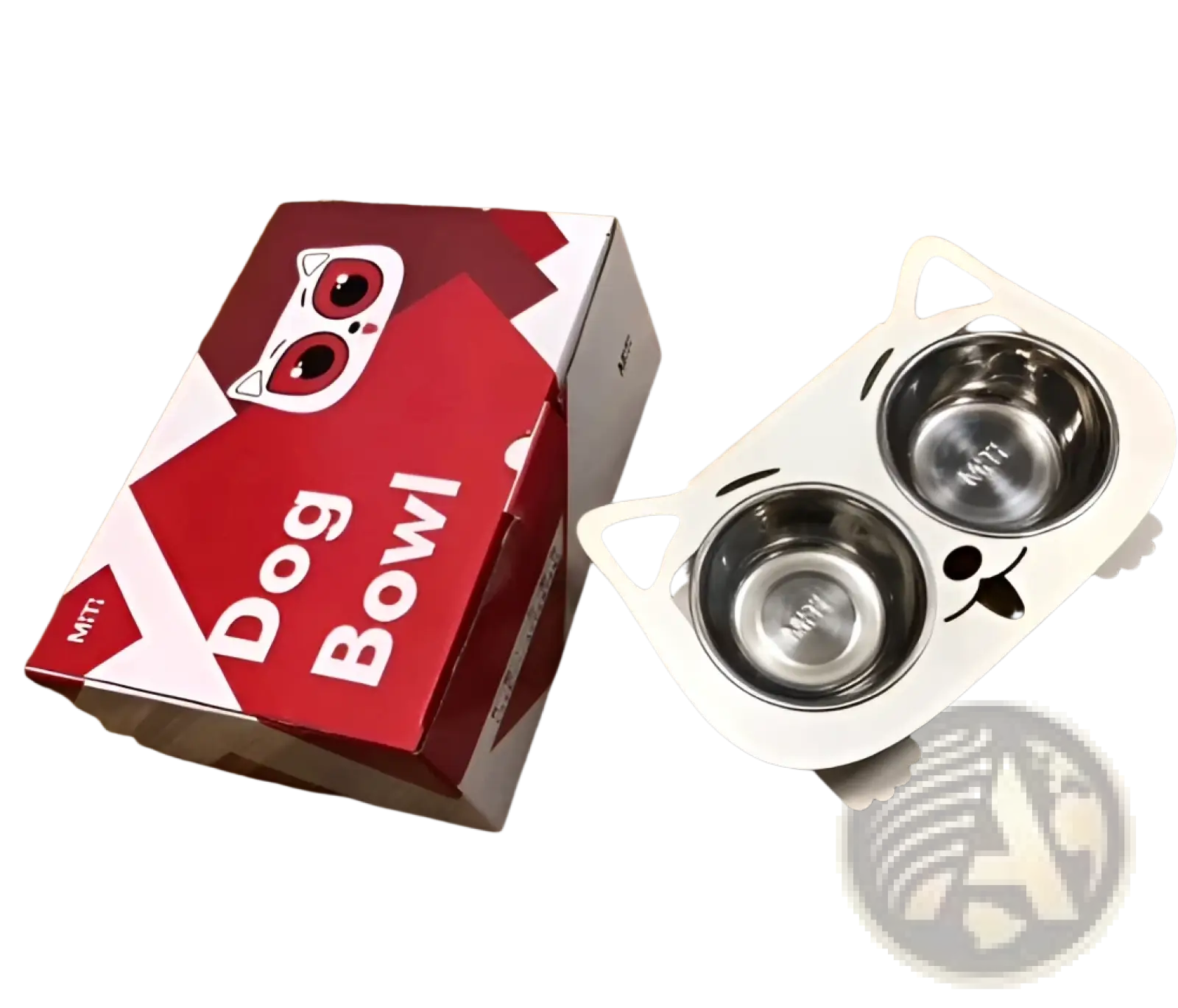 Adjustable elevated double stainless steel pet bowl with white cat-shaped base and black paw print details