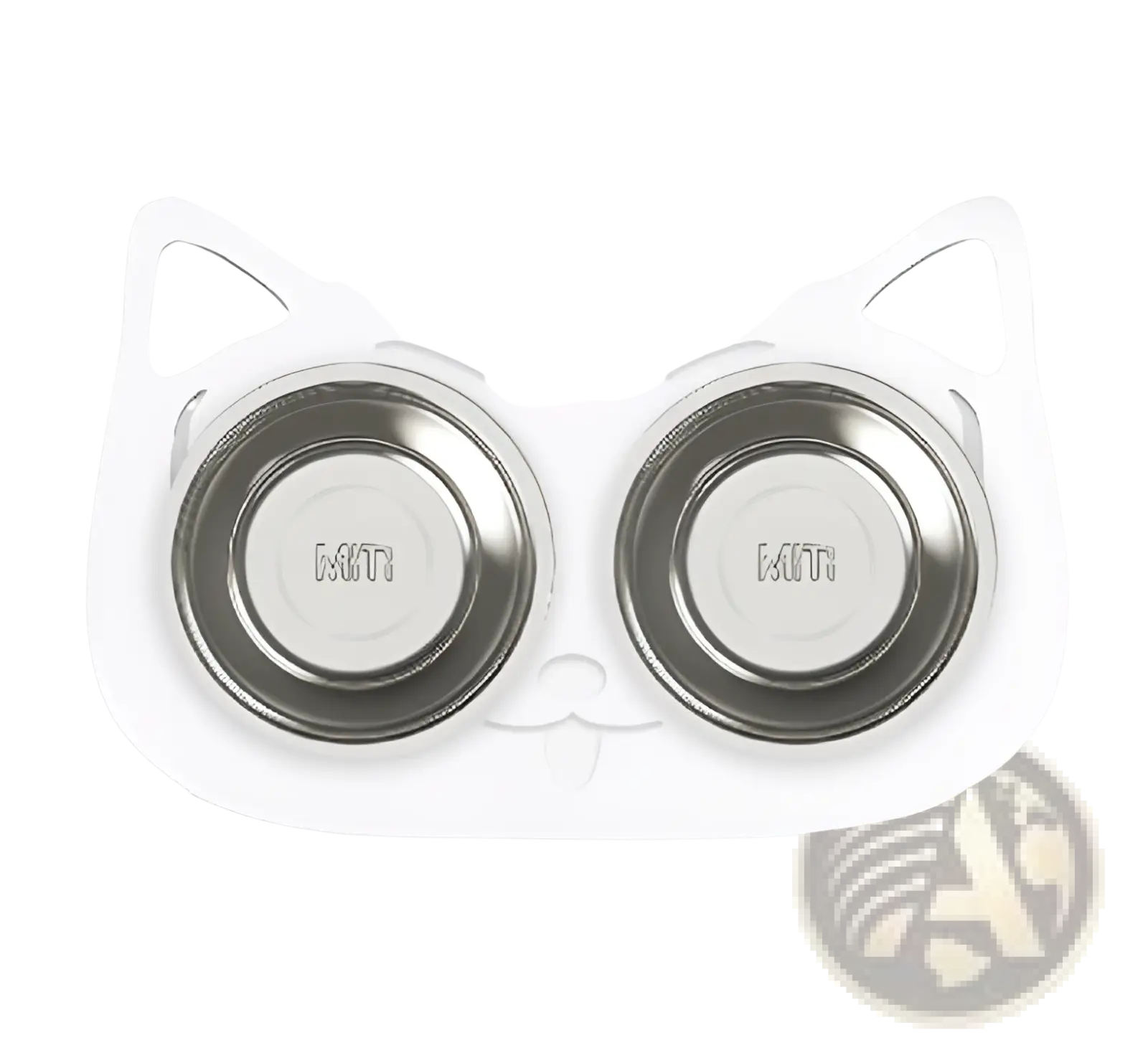 Adjustable elevated double stainless steel pet bowl in white cat shape with two engraved miti bowls