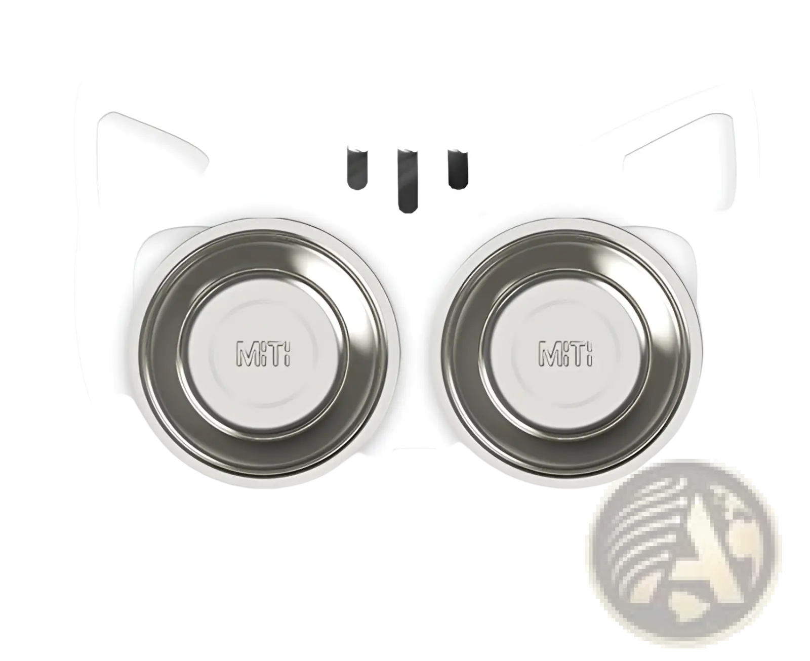 Adjustable elevated white cat-shaped pet feeder with two engraved stainless steel bowls for feeding cats