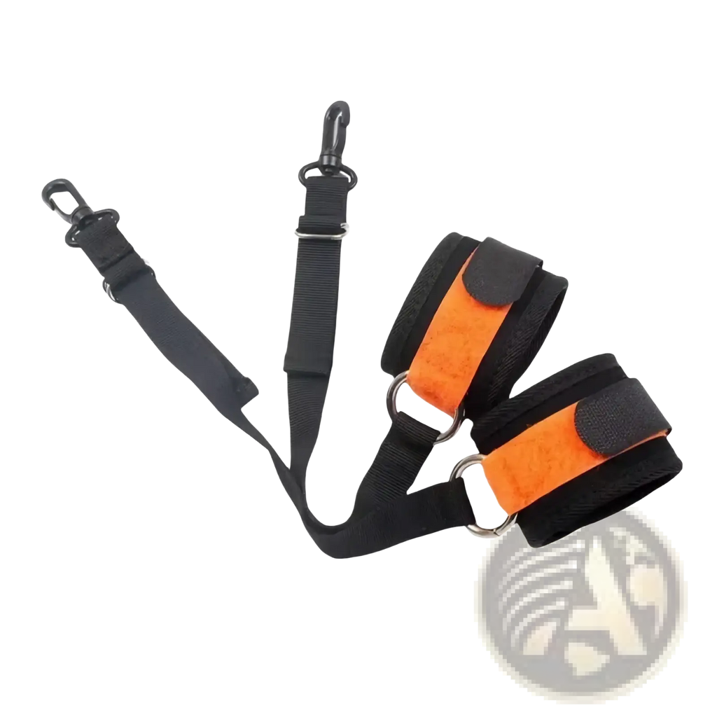Adjustable black and orange fabric wrist cuffs with metal buckles and clasps for secure fitting and style