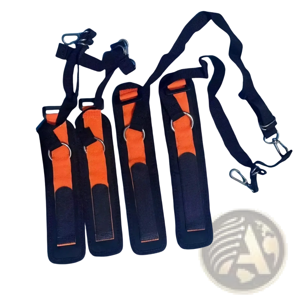 Adjustable fabric wrist cuffs with metal buckles in black and orange featuring harness straps and metal carabiners