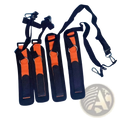 Adjustable fabric wrist cuffs with metal buckles in black and orange featuring harness straps and metal carabiners