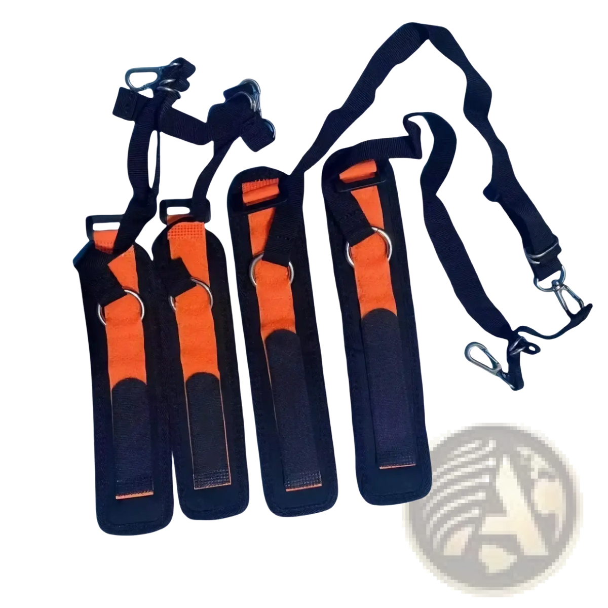Adjustable fabric wrist cuffs with metal buckles in black and orange featuring harness straps and metal carabiners