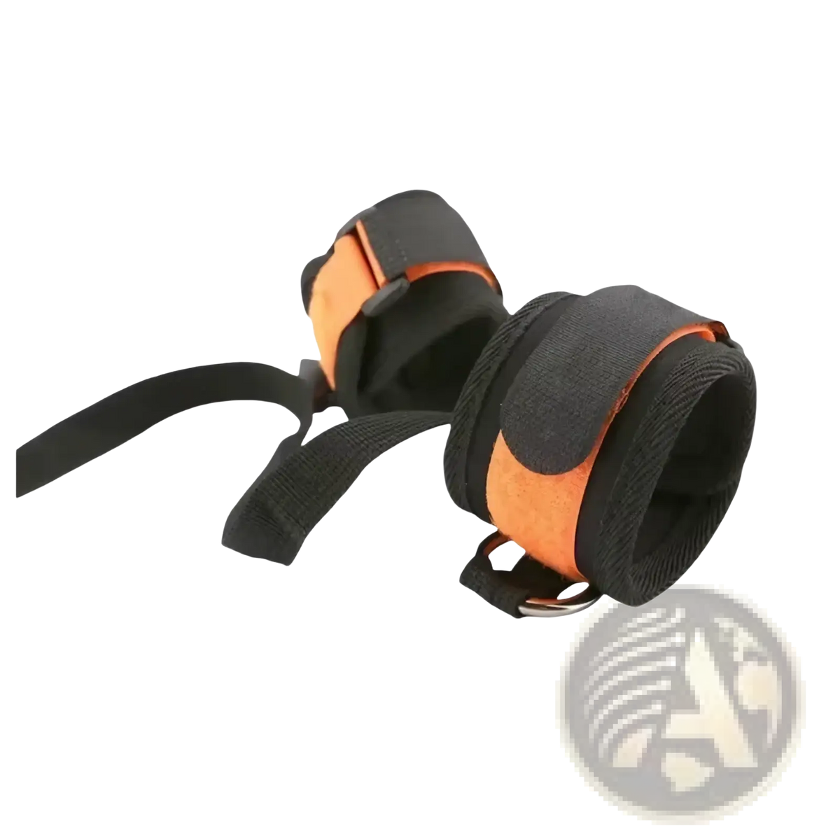 Adjustable black and orange fabric wrist cuffs with metal buckles and straps for secure fit