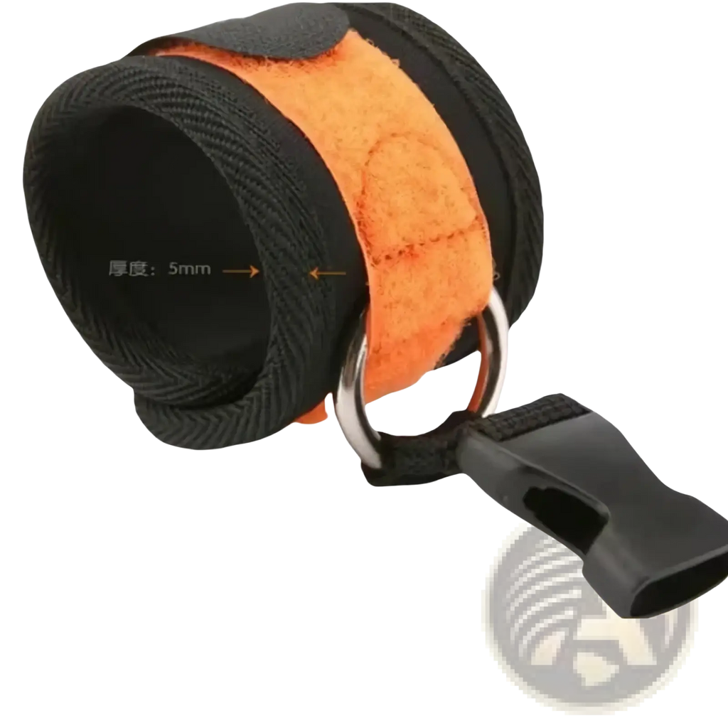 Adjustable fabric wrist cuffs in black and orange with 5mm textured fabric and metal buckles with ring and clip