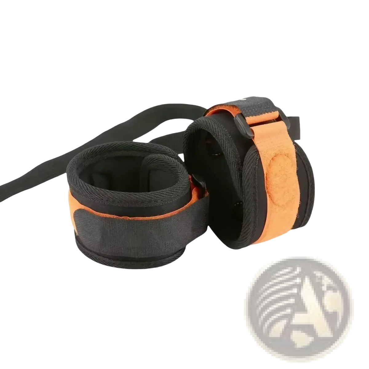 Adjustable fabric wrist cuffs with metal buckles in black and orange featuring adjustable straps and durable material