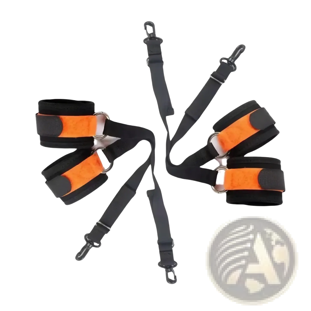 Adjustable fabric wrist cuffs in orange and black with metal buckles and clasps for secure bondage restraint