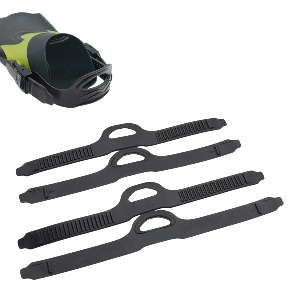 Black adjustable fin strap made of tpr material with textured grip surfaces and quick release buckles