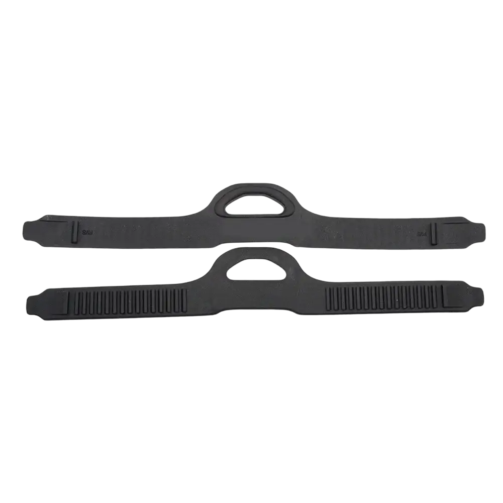 Black adjustable fin strap made of tpr material with textured grip surfaces and central d-shaped handles for quick release