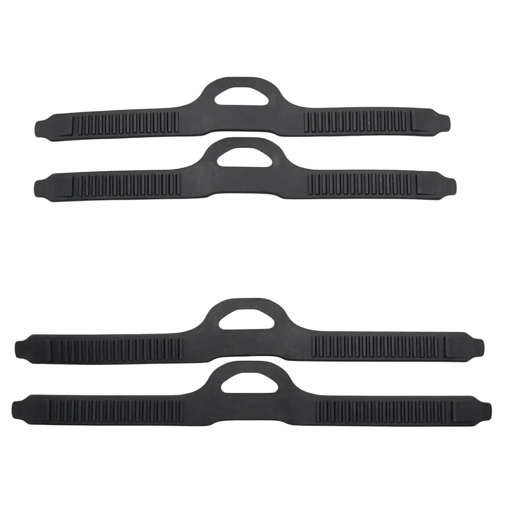 Black adjustable fin strap made of tpr material with textured grip surface and central loop for quick release attachment
