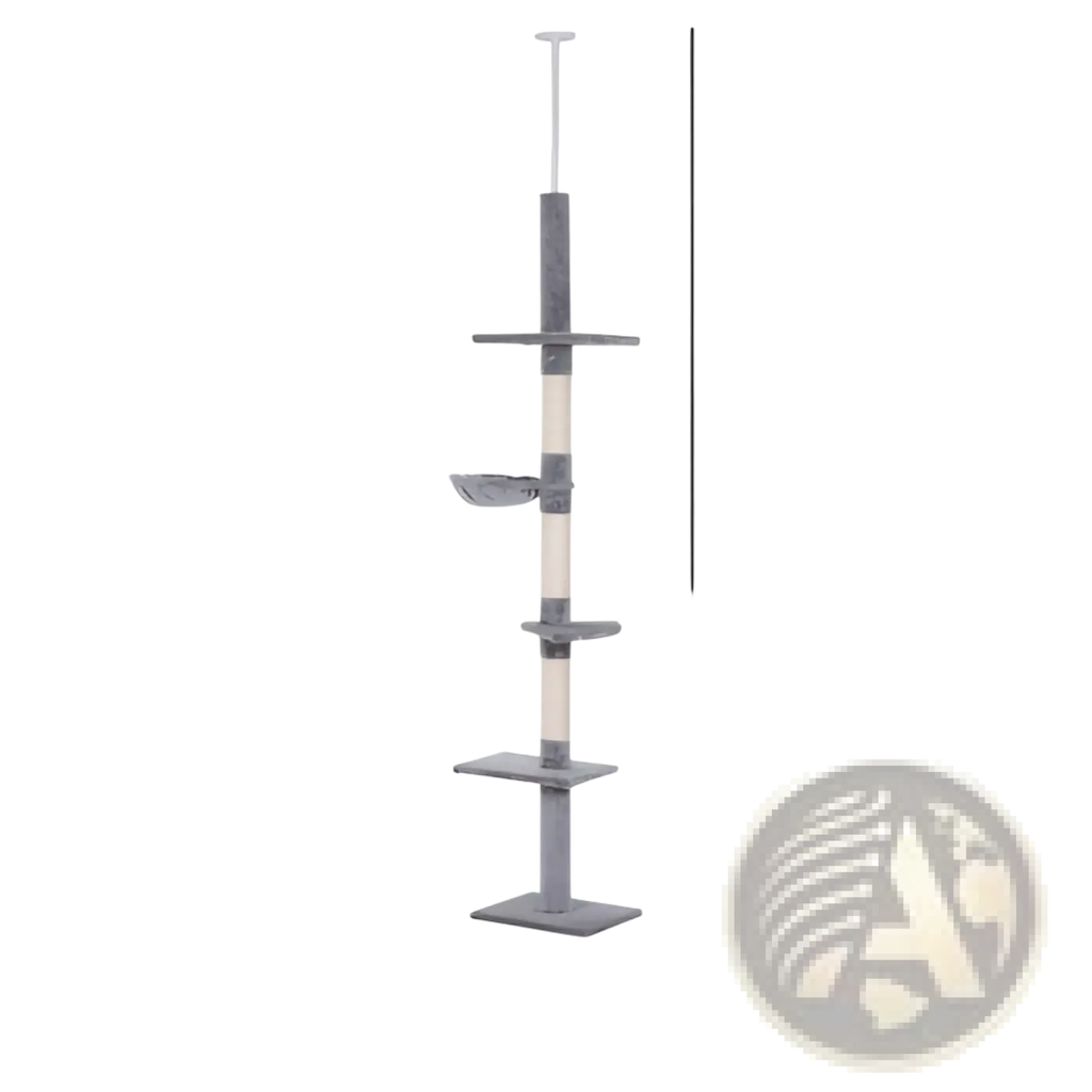 Adjustable floor-to-ceiling cat tree in grey with gray and beige multi-level platforms, scratching posts, and top perch