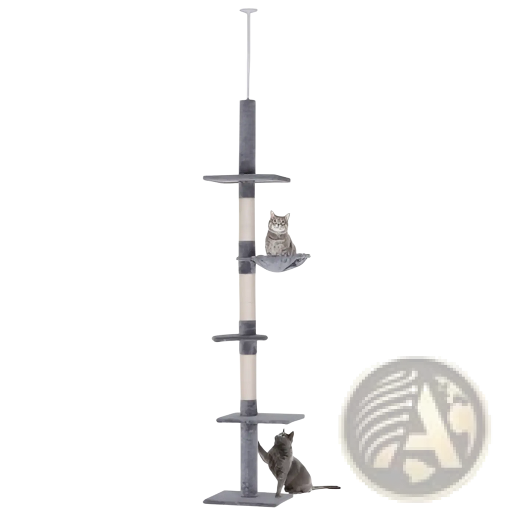 Adjustable floor-to-ceiling cat tree in grey with gray and cream vertical platforms and multiple scratching posts