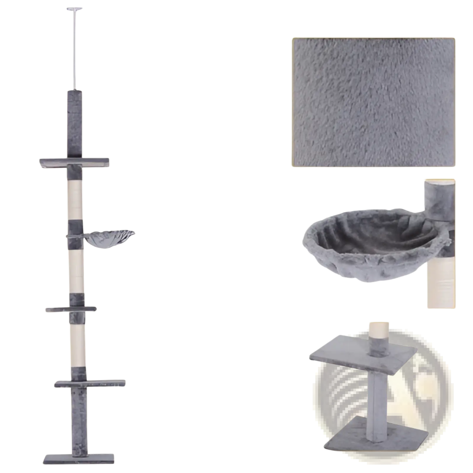 Adjustable floor-to-ceiling gray cat tree with soft textured plush surface and multiple perches for cats