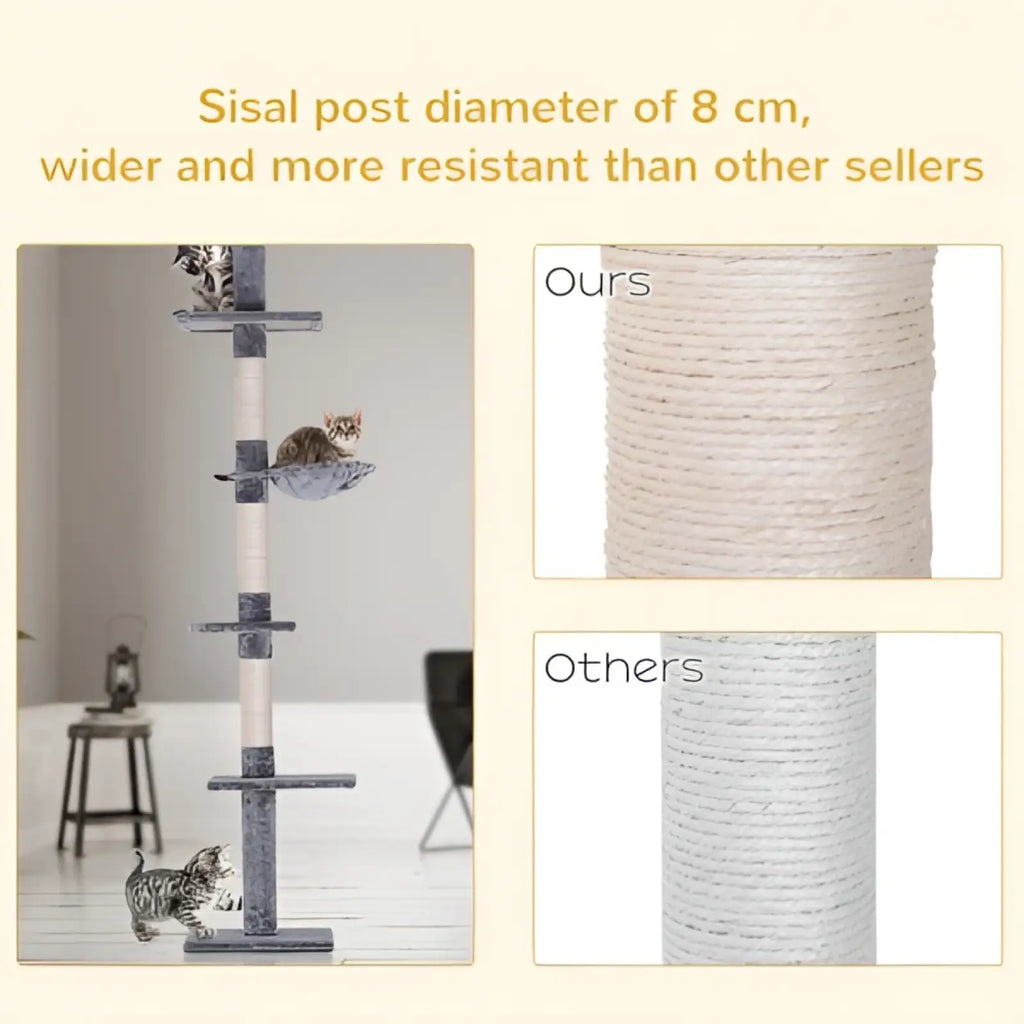 Adjustable floor-to-ceiling cat tree with sisal-wrapped post and gray platforms for sturdy vertical climbing