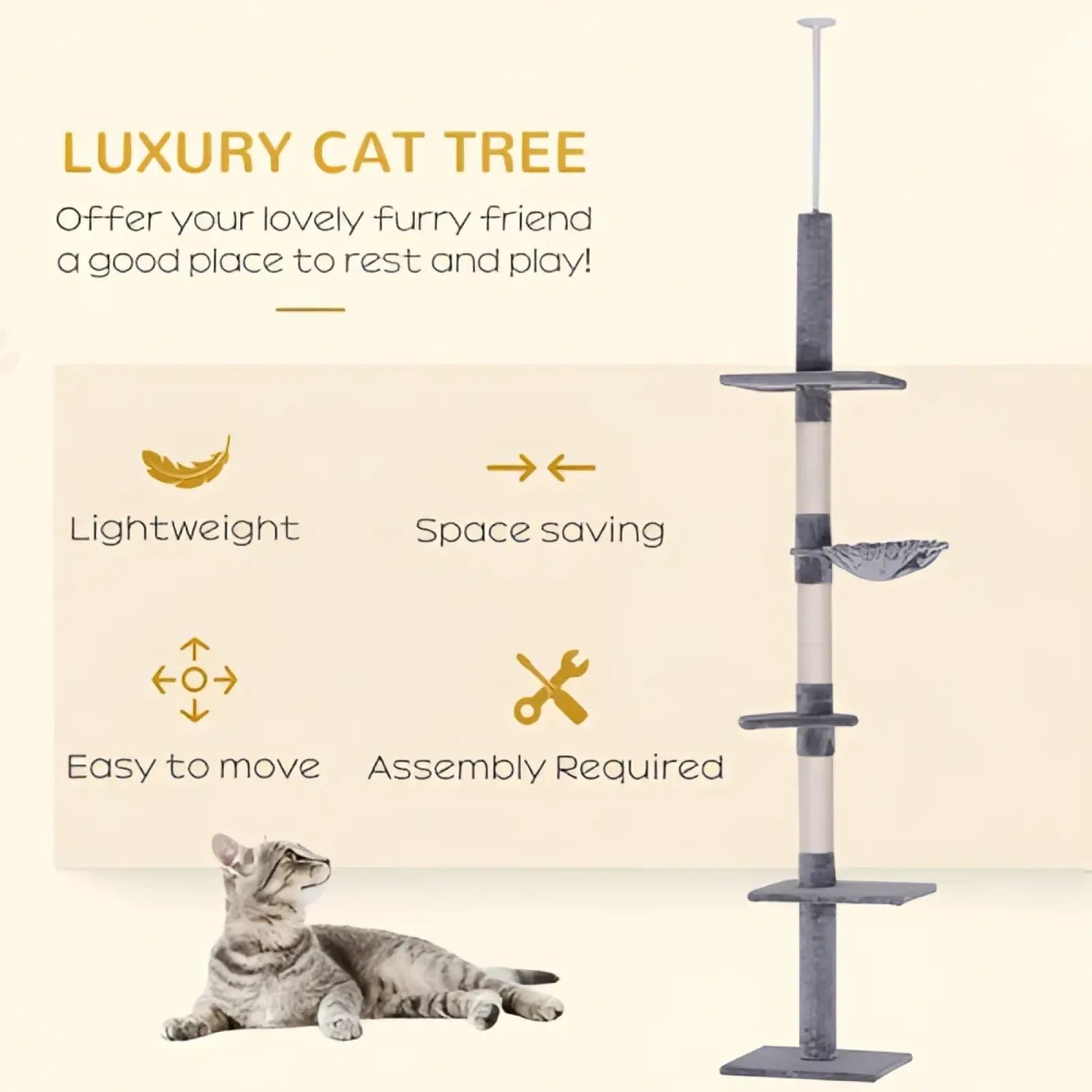 Adjustable floor to ceiling cat tree in grey and beige with multiple platforms, scratching posts, and hanging hammock