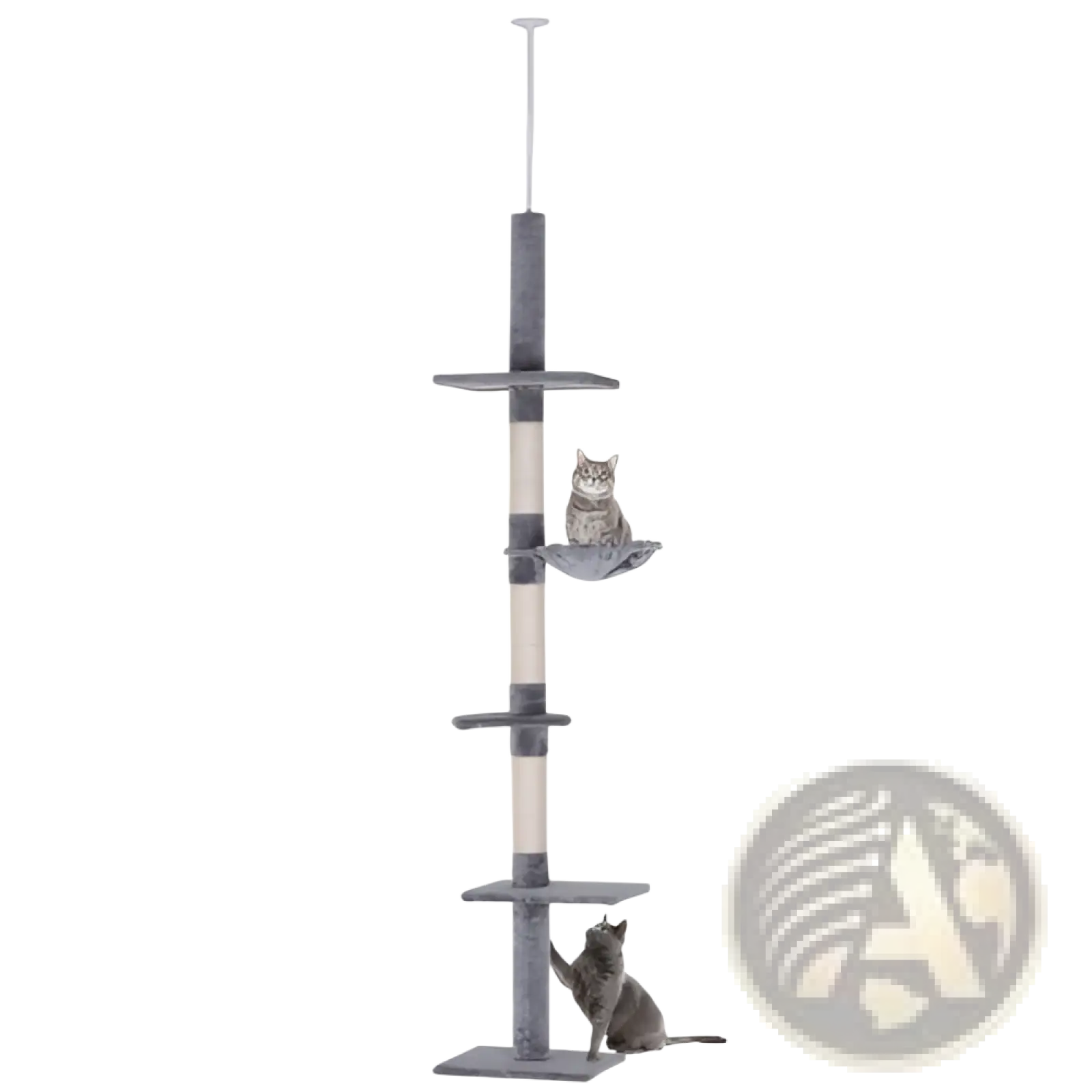 Adjustable floor to ceiling cat tree grey white with gray and cream vertical design multiple platforms and scratching posts