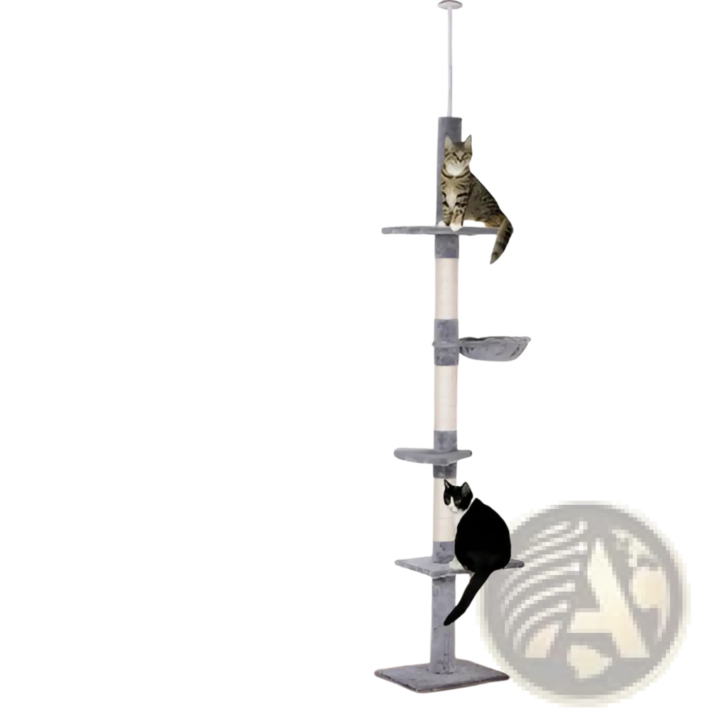 Adjustable floor to ceiling grey and white cat tree with sisal scratching posts and soft multi-level platforms