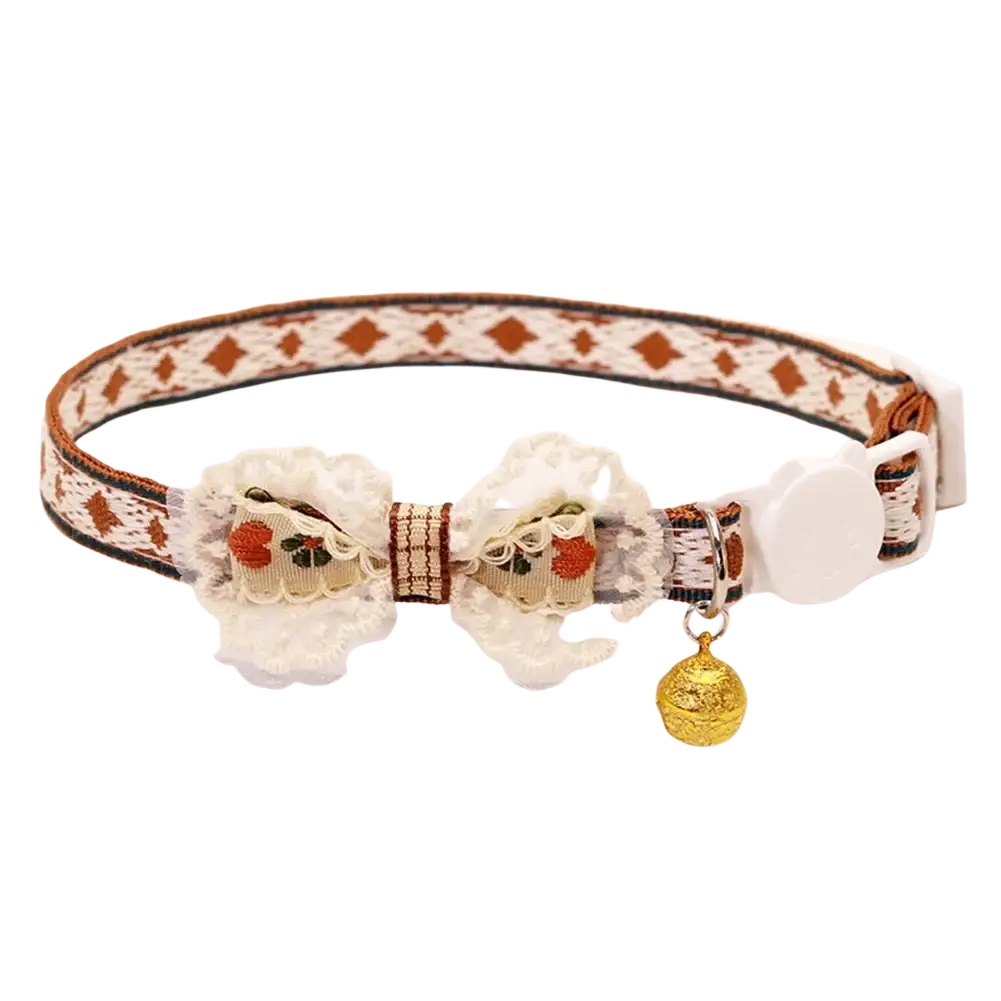 Adjustable length beige and brown floral cat collar with lace bow embroidered with red apples and gold bell
