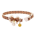 Adjustable length floral cat collar in brown and white with lace trim, gold bow, and dangling charms for cats