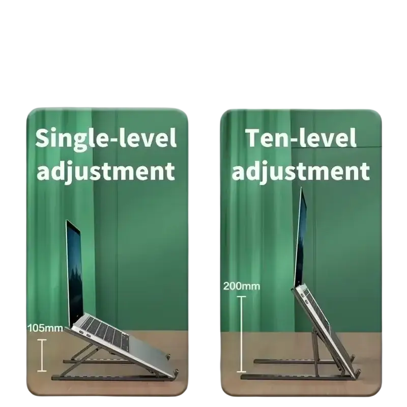Adjustable foldable laptop stand with sleek metallic finish and multiple height settings for ergonomic support