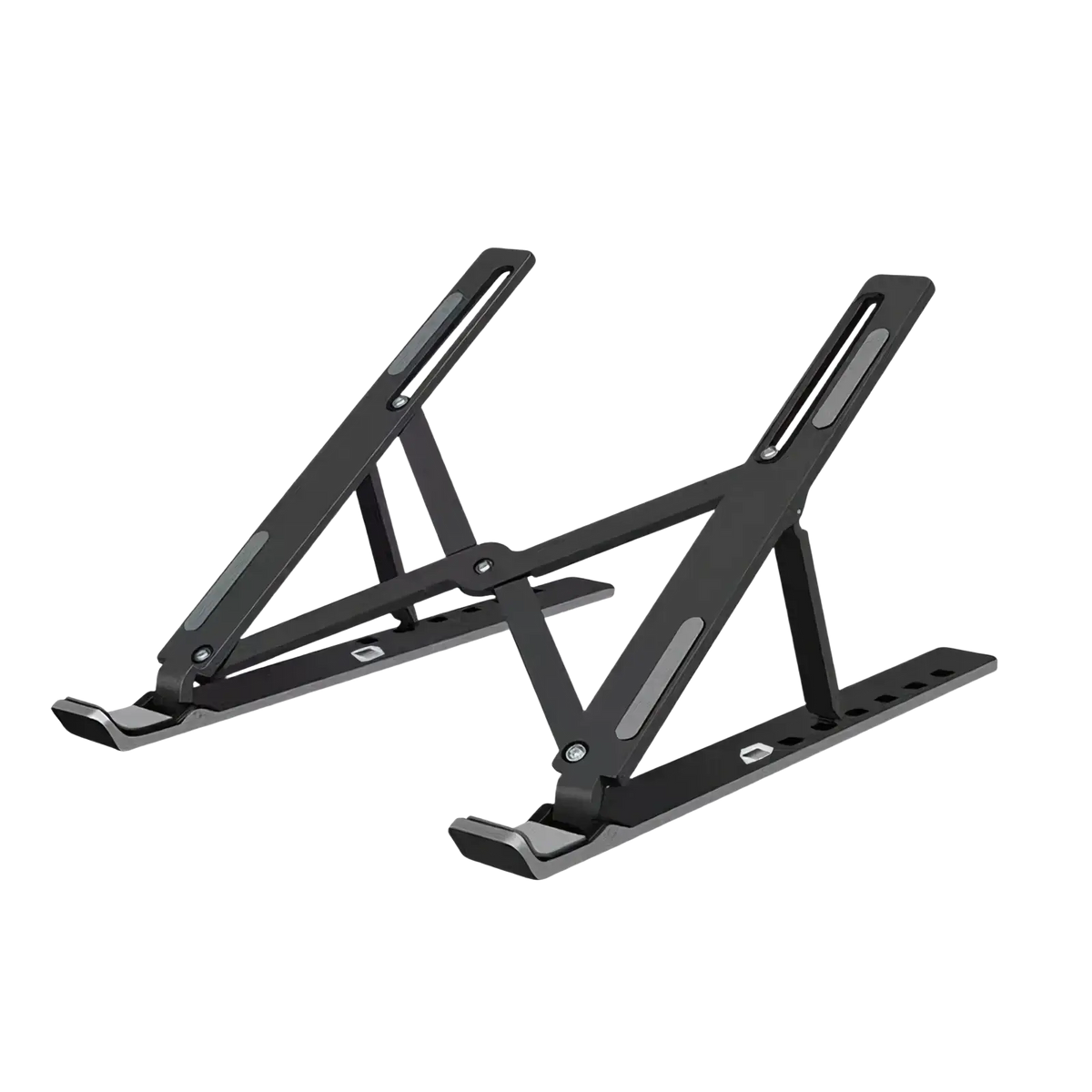 Adjustable foldable black laptop stand with a sleek minimalist design and matte finish for desk use