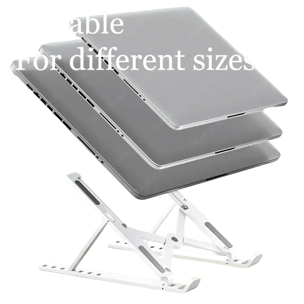Silver adjustable foldable laptop stand made of metal for desk use compatible with different laptop sizes