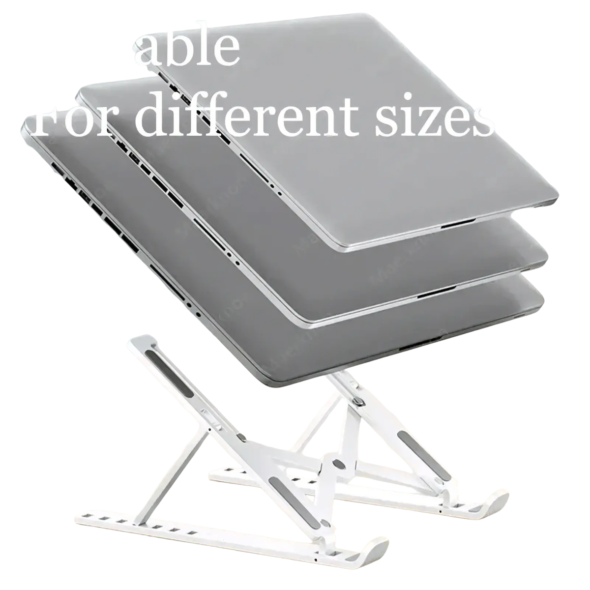 Silver adjustable foldable laptop stand made of metal for desk use compatible with different laptop sizes