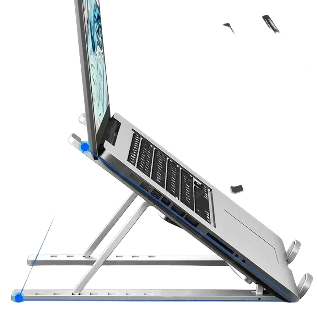 Silver aluminum adjustable foldable laptop stand for desk with height customization and compact design