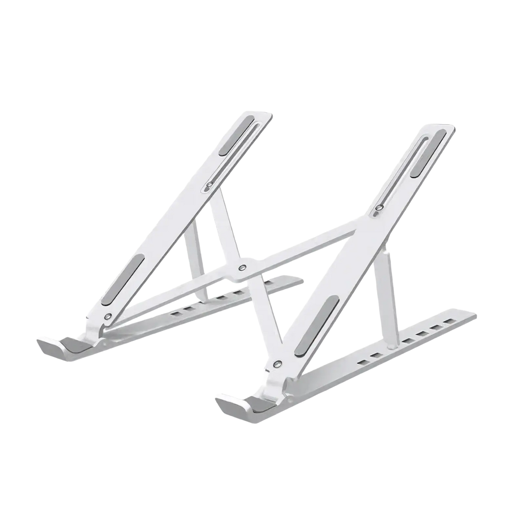 Silver metallic adjustable foldable laptop stand with height and angle adjustment for desk use in a minimalist design
