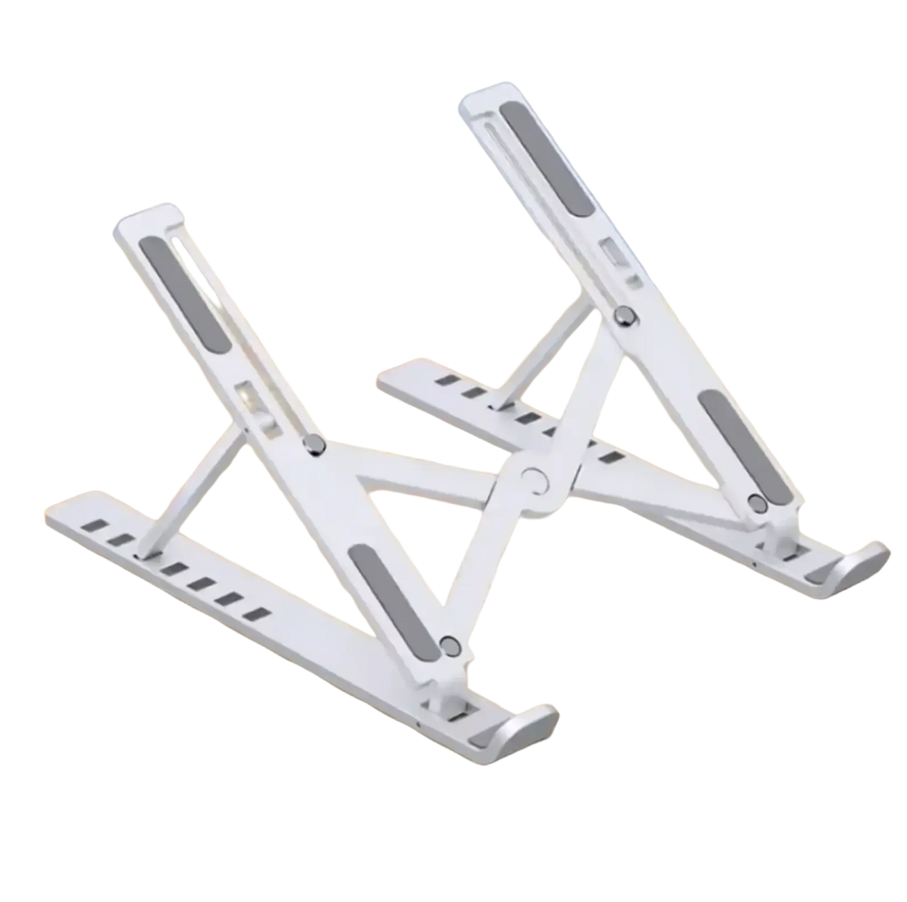 Adjustable foldable laptop stand in white with gray rubberized grip pads and minimalist foldable design for desk use