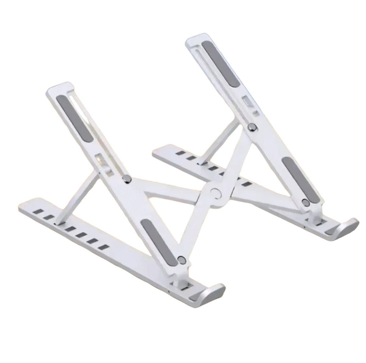 Adjustable foldable laptop stand in white with gray rubberized grip pads and minimalist foldable design for desk use