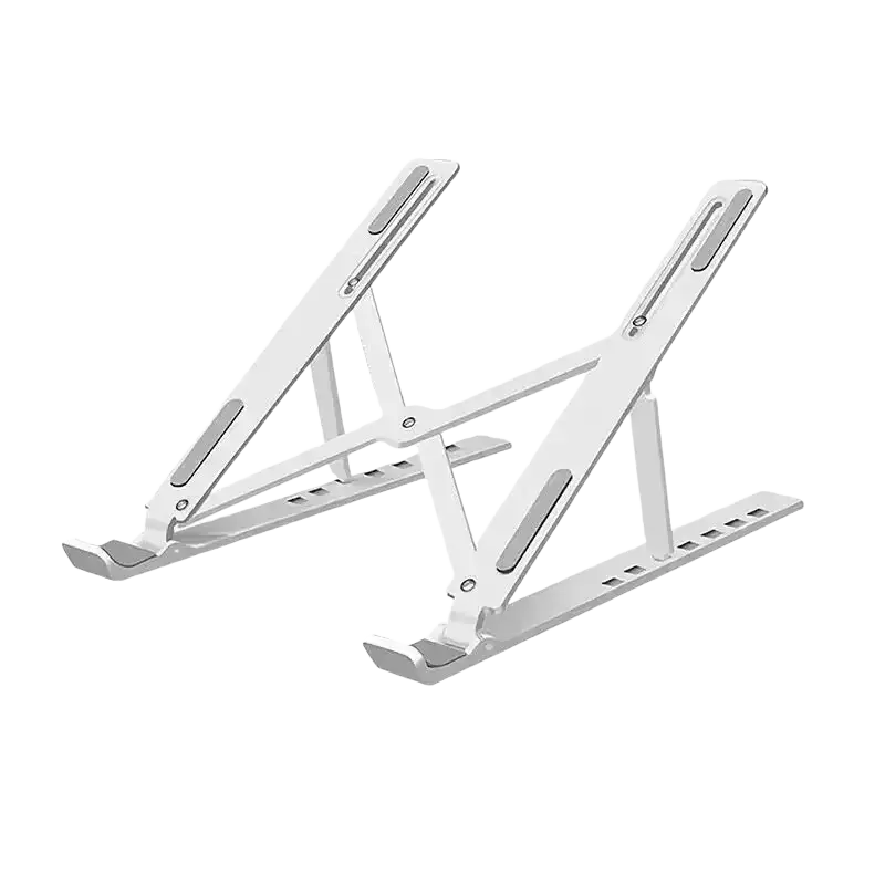 Silver aluminum adjustable foldable laptop stand with customizable height and angle featuring a minimalist design