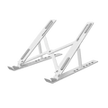 Silver aluminum adjustable foldable laptop stand with customizable height and angle featuring a minimalist design