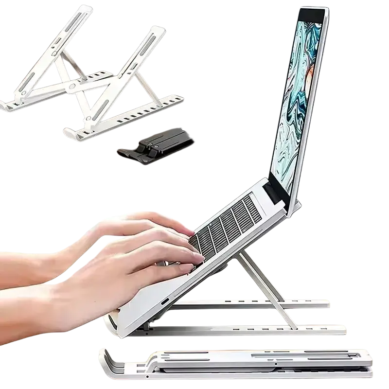 Silver aluminum adjustable foldable laptop stand with adjustable height and compact foldable design for ergonomic use