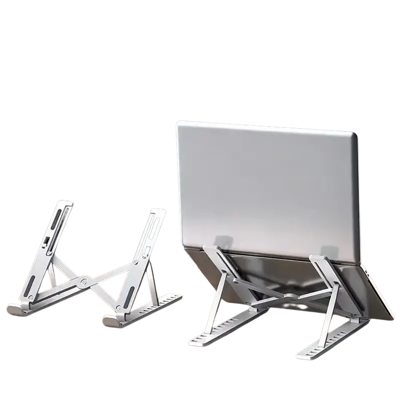 Silver aluminum adjustable foldable laptop stand with customizable height and angle support for ergonomic use